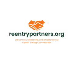 Reentry Partners logo with orange handshake icon and tagline “We connect, collaborate, and amplify reentry support through partnerships.”